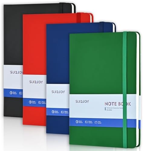 Lined Journal Notebooks, 4 Pack 160 Pages, 5.5x 8.2-Inch Journals for Women Men, Hardcover Notebook with 100 gsm Thick Paper, A5 Size College Ruled Notebook for Writing/Travel/Work (Assorted Color-4 Pack) by SUQJOYOFFICE