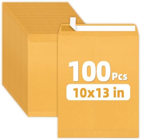 SUNEE 10x13 Manilla Envelopes, 28lb Brown Kraft, Ultra Strong Quick-Seal Security Catalog Mailing Envelopes for letter Size Documents or Photos, 100 Count by SUNEE