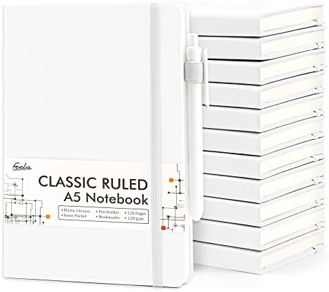 feela 12 Pack Notebooks Journals Bulk, Hardcover Notebook Classic Ruled Lined Journals with Pen Holder for Women Girls School Business Supplies, with 12 Black Pens, 120 GSM, 5.1”x8.3”, A5, White by feela