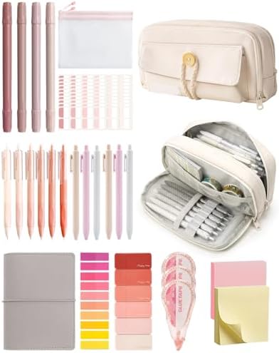 42pcs Cute Pencil Case, Large Capacity Study Pouch Bag with 4-Compartments, Portable Soft Canvas Easy Carry for Library and Office Supplies Kit, Elegant Aesthetic Study for Women (beige) by Krdrgey