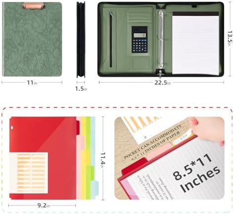 Ospelelf Green Leather Portfolio Binder 3 Ring, Zippered Clipboard Folder with Storage - 5 Dividers with Pocket, Padfolio for Women,12.1” Tablet Sleeve, Refillable Notepad, Card Slot - Image 2