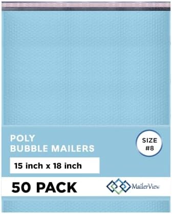 Light Blue Bubble Mailers 15x18, Poly Padded Envelopes #8, 50 Pack by MAILERVIEW