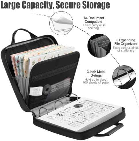 MoKo Zipper Binder, 3 Inch 3 D Ring, 5 Tab File Folders, 700 Sheets, Black - Image 2