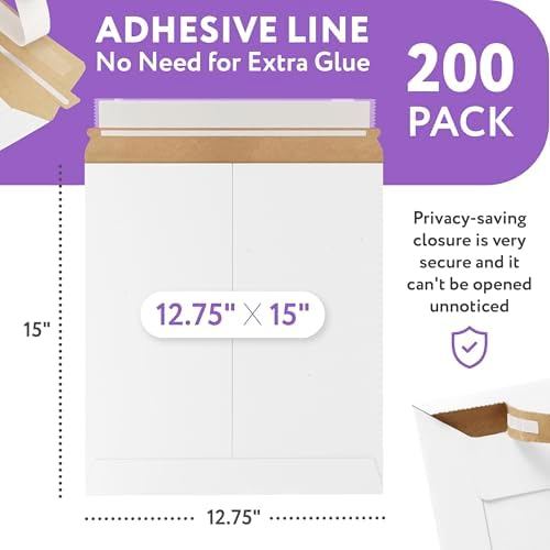 APQ Supply White Rigid Mailers, 12.75 x 15 Inch. Pack of 200 Cardboard Envelopes for Photos, Documents. Sturdy Stay Flat Mailers with Self-Seal Closure. Hard Rigid Shipping Envelopes - Image 2