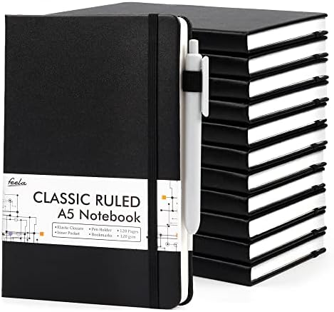 12 Pack Notebooks Journals Bulk with 12 Black Pens, Feela A5 Hardcover Notebook Classic Ruled Journal Set with Pen Holder for School Business Work Travel Writing, 120 GSM, 5.1”x8.3”, Black by feela