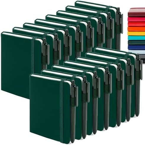 feela 15 Pack Pocket Small Notebooks Bulk, Mini Cute Notepads Hardcover College Ruled Lined Journals with Pen Holder for School Business Memos, with 15 Black Pens, 3.5”x 5.5”, A6, Dark Green by feela