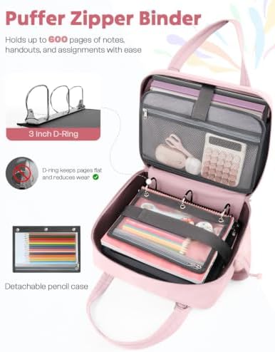 Puffer Zipper Binder 3 Ring with Pencil Pouch, 3" D-Ring Binder with Zipper and Shoulder Strap, 600+ Sheets Capacity Zip Up Binder with 15.6" Laptop Pocket, Binder Bag for School College Office, Pink - Image 2