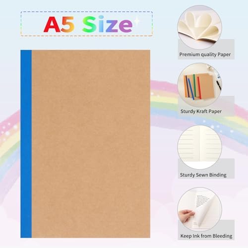 EOOUT 5 Pack A5 Composition Notebook, Kraft Lined Journal Bulk with Rainbow Spine, 5 Colors, 60 Pages for Women Girls Kids, School Office Supplies - Image 4