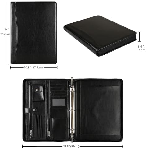 Black Leather Padfolio for Women/Men, Business Leather Binder 3 Ring Portfolio, Personalized Leather Portfolio Binder, Zippered Portfolio Organizer for A4 Notepad & 13-inch Laptop/Tablet - Image 7