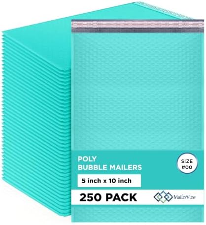 Teal Bubble Mailers 5x10, Self Seal Poly Padded Envelopes #00, 250 Pack by MAILERVIEW