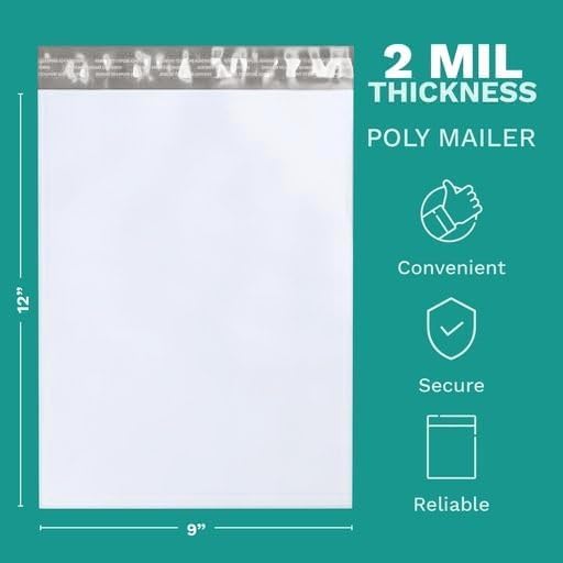 9" X 12" Poly Mailers, 500 Count White Polymailer Shipping Envelopes for Clothes 2 Mil Unpadded Waterproof Opaque Self-Seal Poly Bags with Tear/Puncture Proof Adhesive Strip - Image 2