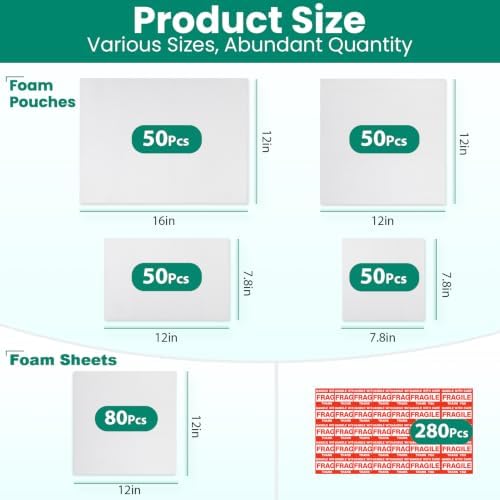 560Pcs Dish Packing Supplies for Moving, 280Thickened High-Density Foam Wrap Pouches & Sheets for Plates and Fragile Shipping Storage, 4 Sizes (16x12",12x12",12x7.8",7.8x7.8")with 280 Fragile Stickers - Image 2