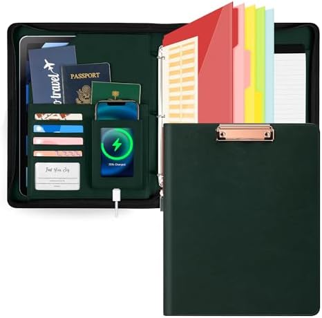 Ospelelf Leather Clipboard with Storage, Zippered Padfolio Portfolio Organizer, 3 Ring Binder 1 Inch, Notepad, Tablet Sleeve, 5 Dividers with Pocket for Office, Nurses,Students, Teachers Green by OspelelfOfficeSupplies