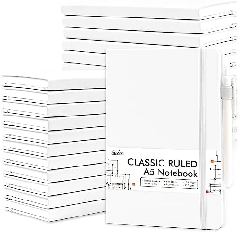 feela College Ruled Notebooks, 24 Pack Business Notebook Hardcover Lined Writing Journal with Pen Holder for Men Women Note Taking, with 24 Black Pens, 120 GSM, 5.1”x8.3”, A5, White by feela
