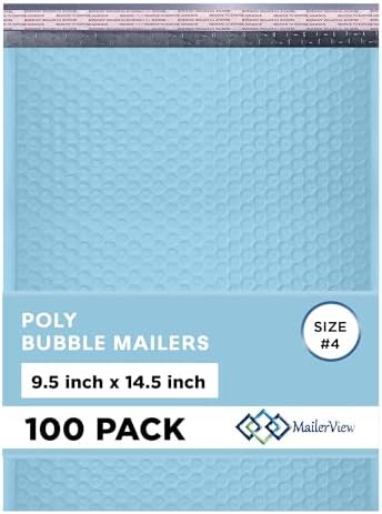 Light Blue Bubble Mailers 9.5x14.5 Poly Padded Envelopes #4 100 Pack by MAILERVIEW
