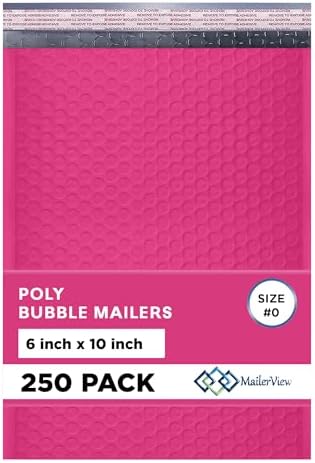 Hot Pink Bubble Mailers 6x10, Poly Padded Envelopes #0, 250 Pack Bulk by MAILERVIEW