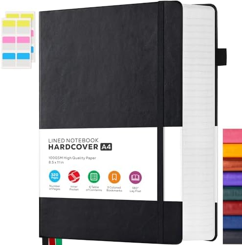 FOCUS DAY Notebooks College Ruled, A4 (8.5 x 11) Large Notebook Journal with 100GSM Lined Paper, Hardcover Leather Journaling Notebooks for Women & Men, 320 Pages, Big Black Notebook by FOCUSDAY