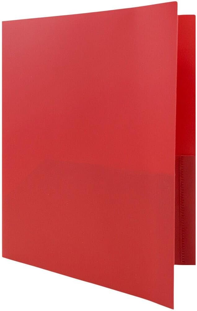 JAM PAPER Plastic 2 Pocket POP Folders - Durable School Folders with Metal Prongs Fastener Clasps - Red - 12/Pack - Image 3