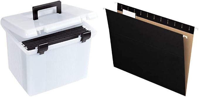 Pendaflex Portable File Box, Frosted White, Hinged Lid with Double Latch Closure, 3 Black Letter Size Hanging Folders Included & Recycled Hanging Folders, Letter Size, Black, 1/5 Cut, 25/BX by Unknown