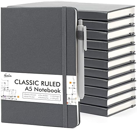 12 Pack Notebooks Journals Bulk with 12 Black Pens, Feela A5 Hardcover Notebook Classic Ruled Journal Set with Pen Holder for School Business Work Travel Writing, 120 GSM, 5.1”x8.3”, Gray by feela