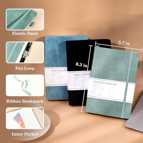 CAGIE 3 Pack Journals Notebooks for Women Men Thick Lined Journaling Notebooks A5 Leather Journals for Writing Hardcover Journal Supplies Diary, Green& Black& Blue - Image 4