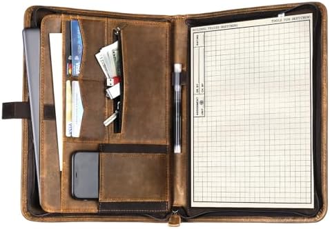Genuine Leather Portfolio, Professional Padfolio Binder Organizer with Zipper, Stylish Brown Cowhide Padfolio for Men Women, Leather Folio Folder for Business, Legal A4/Pad Holder Compatible by CARPETENE