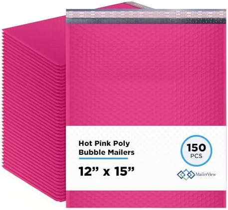 Hot Pink Bubble Mailers 12x15, Poly Padded Envelopes, 150 Pack Bulk by MAILERVIEW