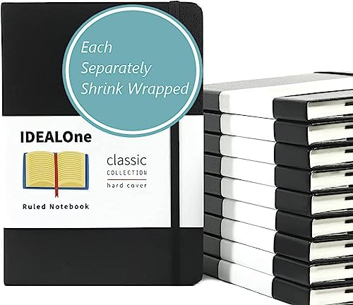 IDEALOne Black 10 pack, Hardcover Leather Journal Notebook Lined–A5(5.7 x 8),College ruled Journaling Notebooks,160 pages,100GSM Paper,Journal for Women,Men, Teens by IDEALOne
