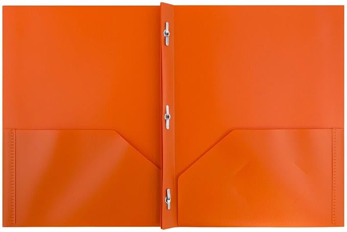 JAM PAPER Plastic 2 Pocket POP Folders - Durable School Folders with Metal Prongs Fastener Clasps - Orange - 24/Pack - Image 2