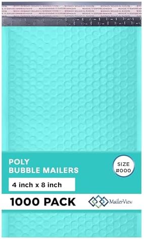Teal Bubble Mailers 4x8, Poly Padded Envelopes #000, 1000 Pack Bulk by MAILERVIEW