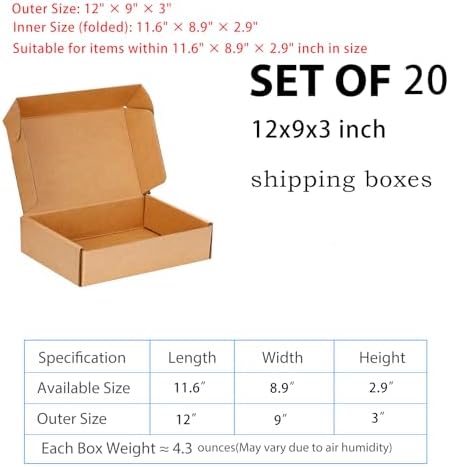 Kraft Brown Shipping Boxes 12x9x3 Inches, 20 Pack - Image 2