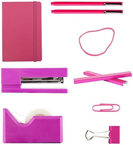 JAM PAPER Complete Desk Kit - Pink - Stapler, Tape Dispenser, Staples, Journal, Le Pens, Rubber Bands, Paper Clips & Binder Clips - 8/Pack - Image 2