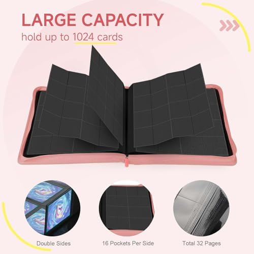 Card Binder with 1024 Cards,16 Pocket Trading Card Binder Includes 32 Page Storage Sleeves,Collection Card Album,Card Holder to Organize and Protect Cards,Pink - Image 4