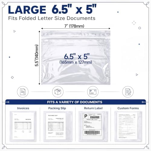 Glenmal 250 Pcs 7" x 5.5" Resealable Packing List Envelopes Clear Self-adhesive Shipping Label Sleeves with Zipper Waterproof Packing List Envelopes for Documents Mailing Labels Invoices Pack Slip - Image 2