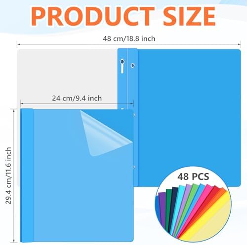 Feifeiya 48 Pack Plastic Report Covers with 3 Prongs Presentation Folders Bulk, 100 Sheet Capacity, Clear Front Report Covers for Presentation Document Paper School Office Supplies (Colorful) - Image 2