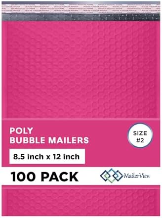 Hot Pink Bubble Mailers 8.5x12, Poly Padded Envelopes #2, 100 Pack by MAILERVIEW