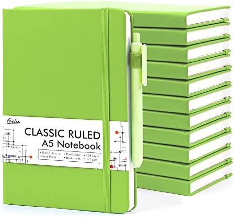 feela 12 Pack Notebooks Journals Bulk, Hardcover Notebook Classic Ruled Lined Journals with Pen Holder for Women Girls School Business Supplies, with 12 Black Pens, 120 GSM, 5.1”x8.3”, A5, Green by feela
