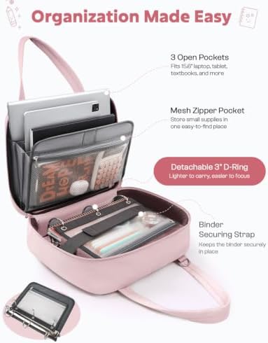 Puffer Zipper Binder 3 Ring with Pencil Pouch, 3" D-Ring Binder with Zipper and Shoulder Strap, 600+ Sheets Capacity Zip Up Binder with 15.6" Laptop Pocket, Binder Bag for School College Office, Pink - Image 4