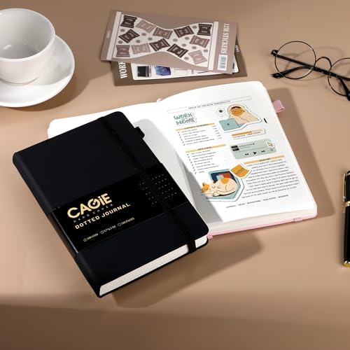 CAGIE Bullet Dotted Journal Notebook 320 Pages 100 GSM Paper Hardcover A5 Dot Grid Notebook Leather Journals for Writing Women Men Work Journaling, Black - Image 2