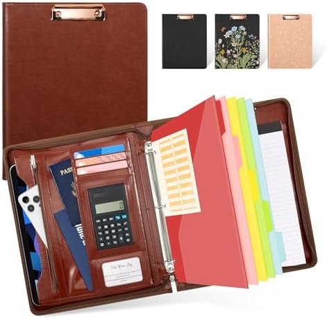 Ospelelf 3 Ring Binder Portfolio Folder with Zipper- Leather Padfolio with Clipboard Storage- Calculator, 12.1” Tablet Sleeve, 5 Dividers with Pocket, Refillable Notepad, Card Slot (Red Brown) by OspelelfOfficeSupplies