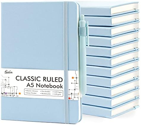 feela 12 Pack Notebooks Journals Bulk, Hardcover Notebook Classic Ruled Lined Journals with Pen Holder for Women Girls School Business Supplies, with 12 Black Pens, 120 GSM, 5.1”x8.3”, A5, Light Blue by feela