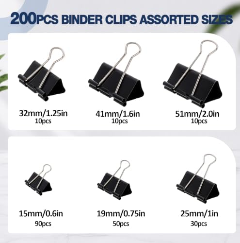 Jetec 200 Pcs Black Mixed Sizes Binder Clip Paper Clamp Metal Paper Clip - Image 2