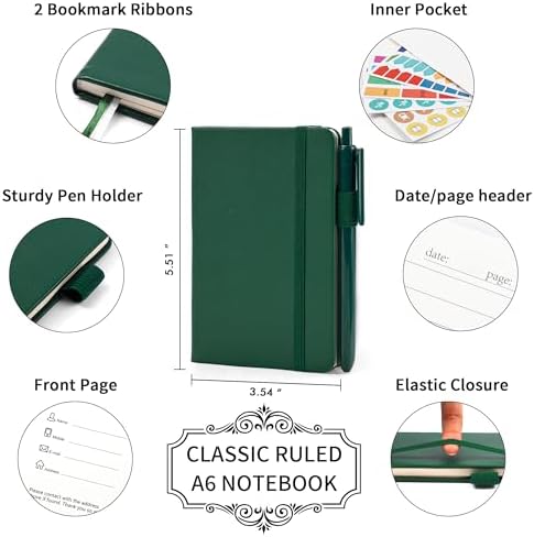 feela 15 Pack Pocket Small Notebooks Bulk, Mini Cute Notepads Hardcover College Ruled Lined Journals with Pen Holder for School Business Memos, with 15 Black Pens, 3.5”x 5.5”, A6, Dark Green - Image 2