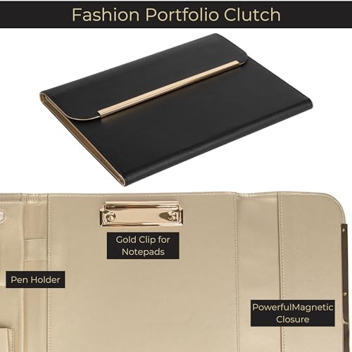 BLU MONACO | Black Vegan Leather Portfolio Binder for Women | Professional Padfolio with Magnetic Closure & Gold Trim | Business Organizer Case for Documents & 8.5 x 11 Notepad - Image 3