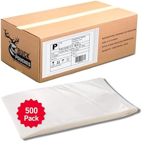 500 Pack 6"x10" Shipping Label Sleeves – Clear Self-Adhesive Packing Slip Pouches, Waterproof Packing List Envelopes – Ideal for Shipping Documents, Mailing Labels, Invoices & Packing Slips by BuckUSA