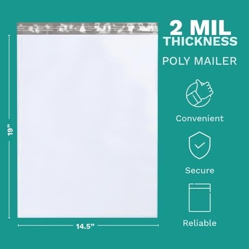 14.5" X 19" Extra Large Poly Mailers, 100 Count White Polymailer Shipping Envelopes for Clothes 2 Mil Unpadded Waterproof Opaque Self-Seal Poly Bags with Tear/Puncture Proof Adhesive Strip - Image 2