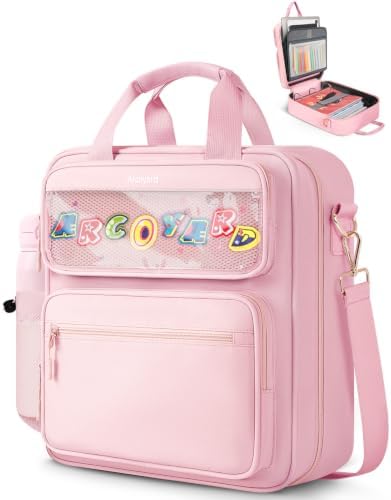 Zipper Binder 3 Ring with Ita Window, 3 Inch D-Ring Binder with Zipper and Strap Fits 14" Laptop, 600+ Sheets Capacity 3-in-1 Shoulder/Backpack/Handle Binder Bag for School Office Commute, Pink by Arcoyard