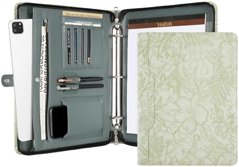 DUKE&COW Vegan Leather Portfolio Binder, Personalized 3 Ring Binder Padfolio for Women, Leather Binder, Handmade Portfolio Oranizer, Engraved Resume Portfolio Folder (Green Pattern, Custom) by DUKECOW