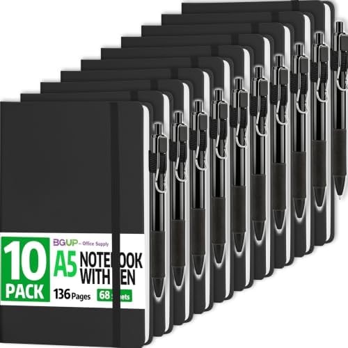 10 Pack Lined Journal Notebook with Pen, A5 Hardcover Leather Journal 5.5"*8.3", Black 136 Pages College Ruled Notebooks and Pen Set for Office School Business Supplies by BGUP