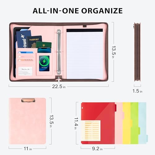 Ospelelf Zippered Padfolio Organizer, Faux Leather 3 Ring Binder with Clipboard, Letter Size Business Portfolio with Notepad, Tablet Sleeve & Phone Pockets for Office Work Pink - Image 3